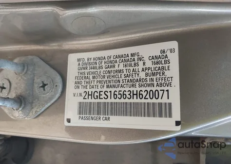 2003 Honda Civic Lx из США, поврежденный, VIN 2HGES16563H620071